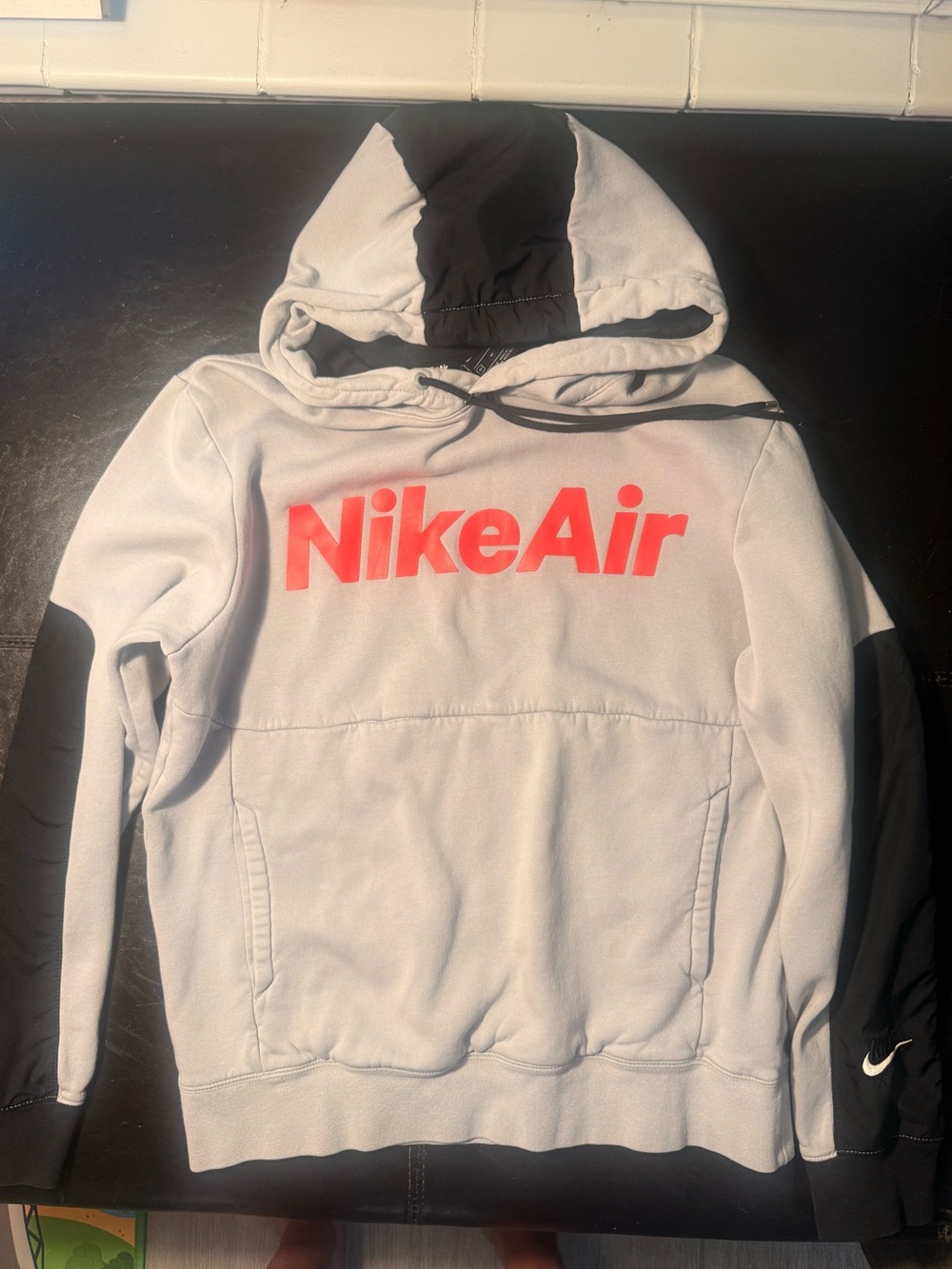 Nike Air Flight Crewneck Hoodie in Light Gray with Black Panels and Red Logo Med